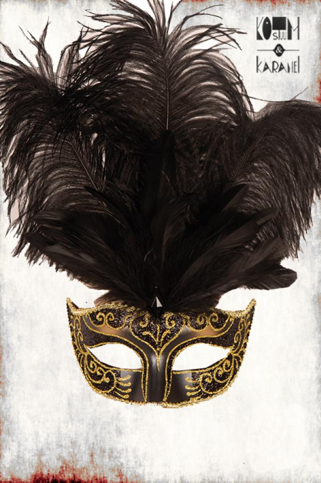 Venetiaans Masker met pluimen zwart goud