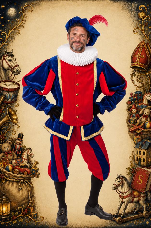 Roetpiet Kostuum Luxe Fluweel Rood Blauw