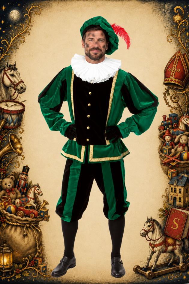 Luxe Roetpiet Kostuum Fluweel Zwart Groen