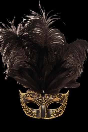 Venetiaans Masker met pluimen zwart goud