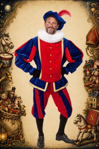 Roetpiet Kostuum Luxe Fluweel Rood Blauw