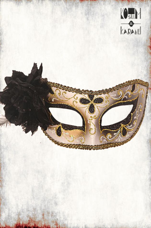 Venetiaans Masker Wit Goud met Zwarte Bloem